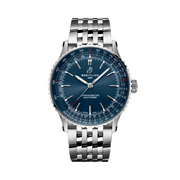 Quadrante nero del Breitling Navitimer Automatic 41 con lancette e indici luminescenti, cristallo zaffiro bombato antiriflesso